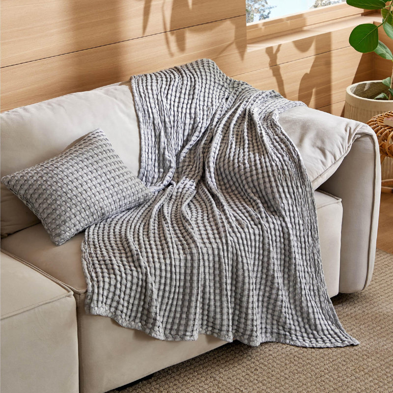 Ensemble d'édredon en coton 5 pièces avec jeté en coton, Gris foncé, Édredon double + 1 jeté + 2 taies décoratives