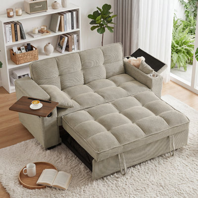 65" Wide Convertible Futon Sofa Bed with Pull-Out Sleeper, Side Table, USB  Type-C PortsStorage Armrests