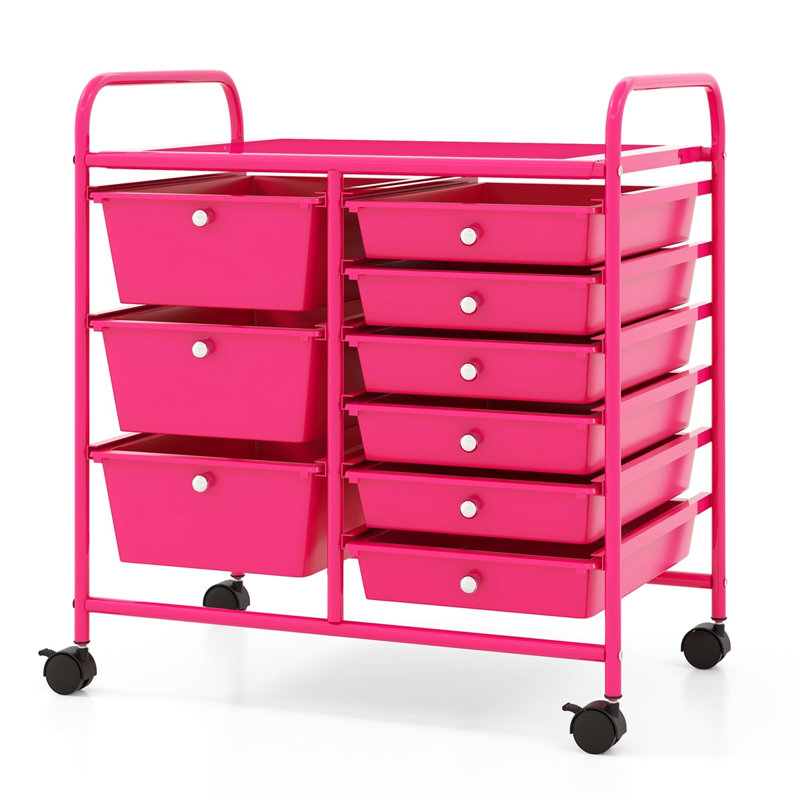  Chariot de rangement roulant 9 tiroirs avec tiroirs en macaron coloré, structure en métal robuste et roulettes verrouillables, rose vif