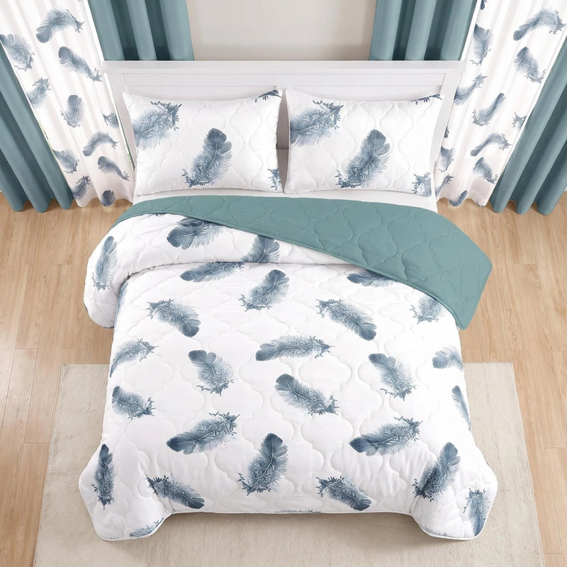 Ensemble de 9 pièces comprenant un couvre-lit et des rideaux matelassés bleu sarcelle à motif plumes, avec 6 panneaux indépendants filtrant la lumière