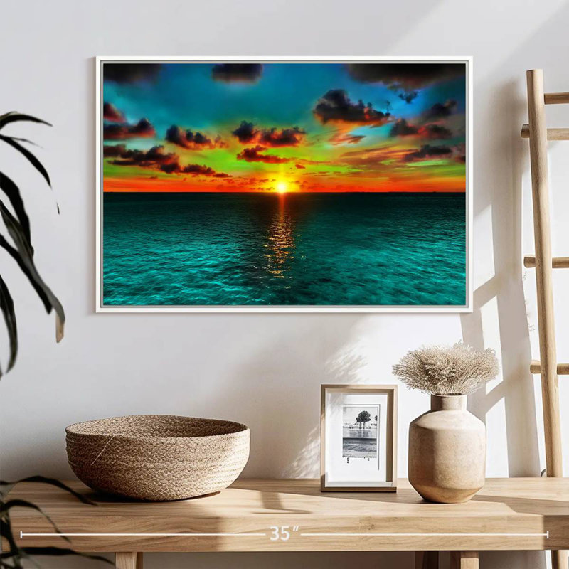 Coucher de soleil et océan, 25 po x 17 po, Cadre flottant blanc