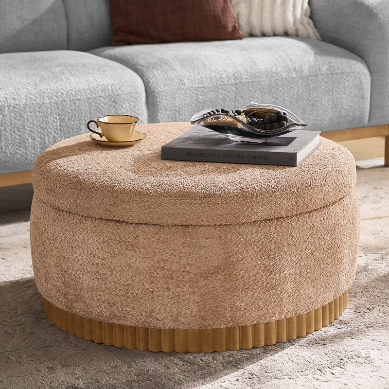 Lessman Modern 35"W Solid Wood Full Assembly Cocktail Storage Round Ottoman With Reversible Tray Top, Sand