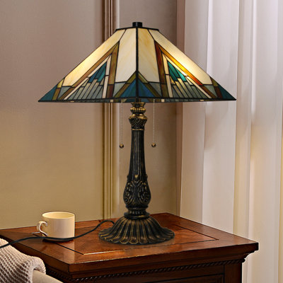 Vintage Tiffany-style Lamp Pyramid Shade Bedside Lamp with Handcrafted Stained Glass Shade Dual Chain Tiffany Table Lamp for Bedroom Living Room