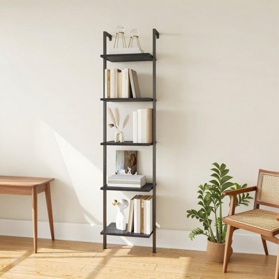 Étagère échelle à 5 niveaux, bibliothèque murale avec cadre en métal et tablettes en bois, support de rangement ouvert rétro pour le salon, la chambre à coucher, le bureau personnel