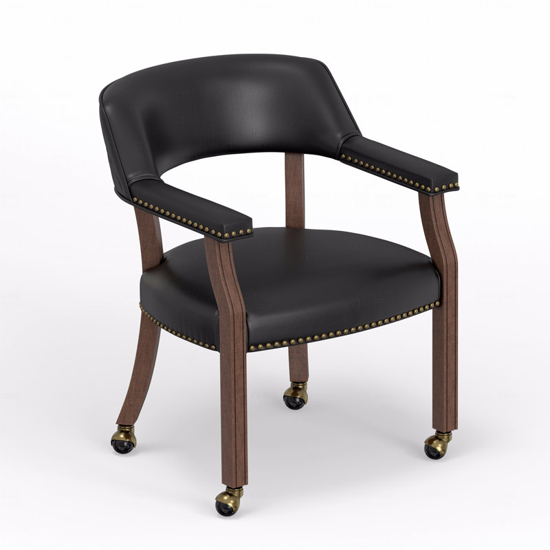 Black Faux Leather Game & Dining Chair – Rustic Walnut Wood Frame with Casters & Nailhead Trim, Black