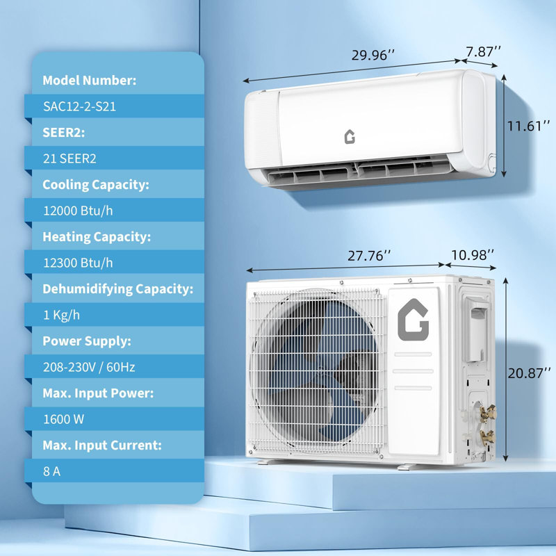 12000BTU  Mini Split Air Conditione/Heating System, 230V, SEER 21, For Rooms Up To 750Sq. Ft