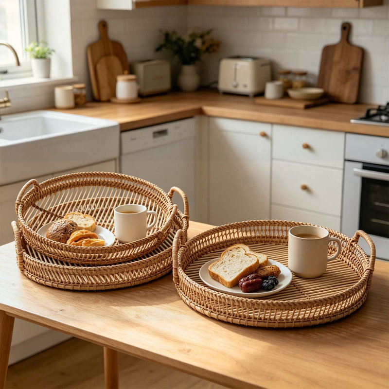 Set of 3 Round Decorative Brown Bamboo Woven Trays with Handles, Perfect for Bohemian and Coastal Home Decor