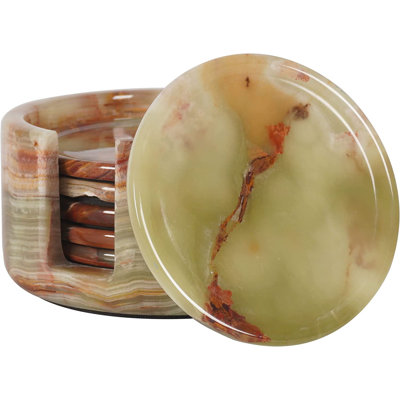 Marble Round 6 Piece Coaster Set With Holder
