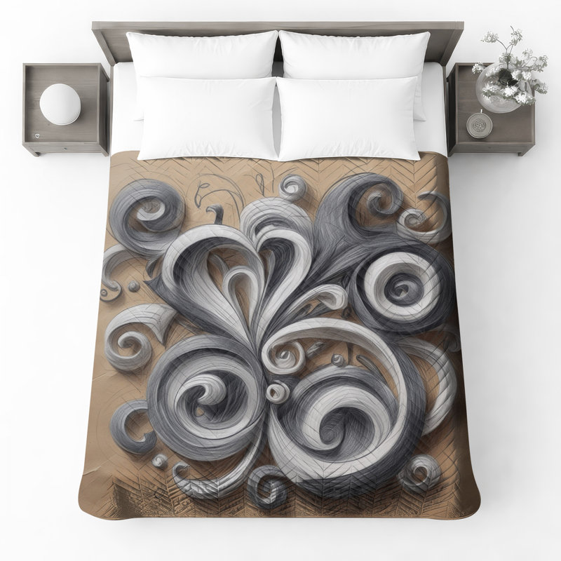 Illustration de couvre-lit tourbillonnant gris et blanc, Double