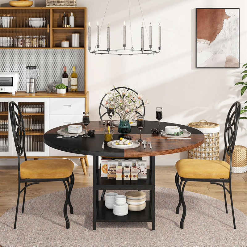 Table de salle à manger ronde de 47 po pour 4 personnes, grande table de salle à manger en bois avec pieds de rangement en métal