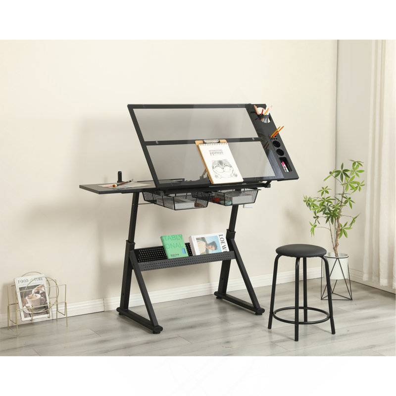 Table de dessin et d'impression en verre trempé réglable à manivelle avec chaise et espace de rangement pour salon, bureau, chambre à coucher
