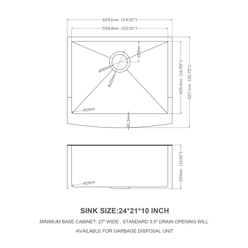 24 Inch Deep 16 Gauge T304 Stainless Steel Apron Front Kitchen Sink, X - Shaped Water Guide For Smooth Drainage, R10 Rounded Corner, Coating To Condensation, 3Mm Pad, Package With Drain Assembly And