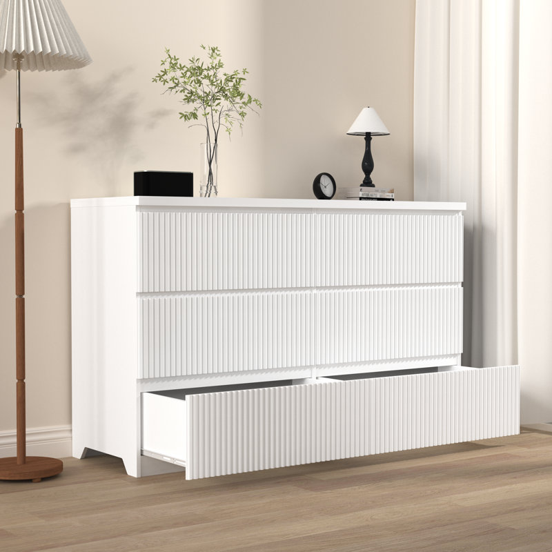 6-Drawer Storage Cabinet, Wooden Dresser with Wavy Drawer Panels, Wide Chest Organizer for Bedroom, Living Room, Hallway