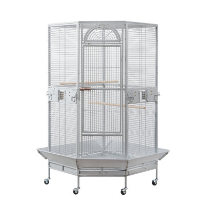 64" Extra Large Corner Bird Flight Breeding Wrought Iron Rolling Parrot Cage Side Solid Metal Plate Feed Doors Pull Out Metal Grate And Tray With Around Metal Seed Guard