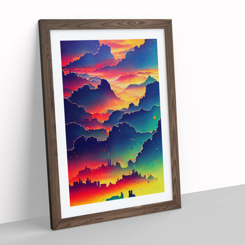 Vibrant City Skyline - Single Picture Frame Print, 34cm H x 25cm W x 2cm D, Brown Framed