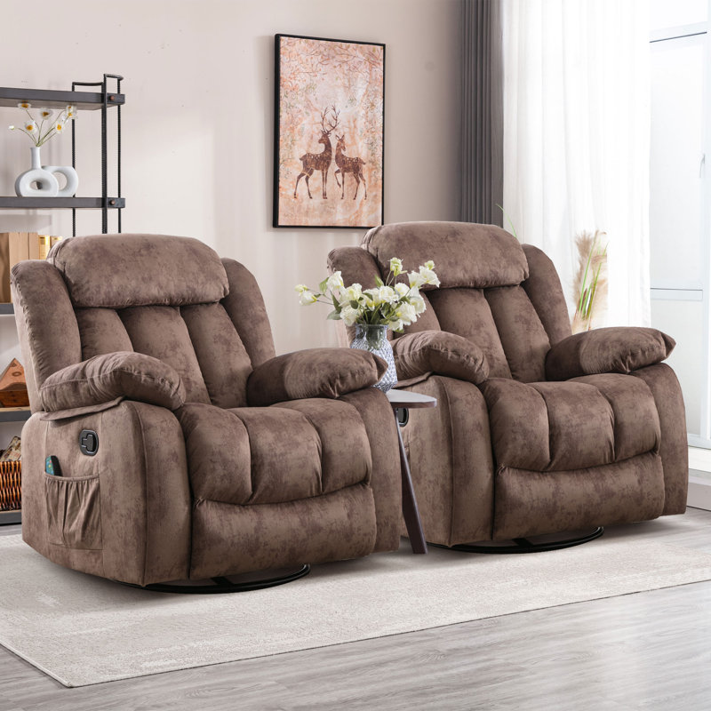 37.4" Wide Compact Swivel Rocker with Heat and Massage Durable Lounge Reclining Chair(Set of 2), Dune Shadow