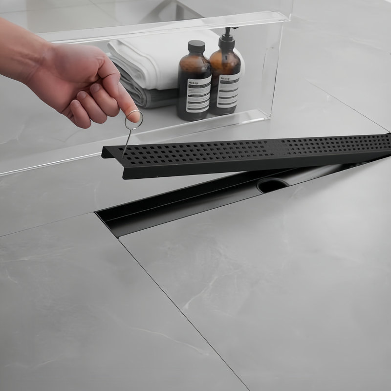 24 In. Stainless Steel Linear Shower Drain With Square Pattern Drain Cover In Matte Black, Matte Black