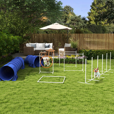One Dog Agility Training Kit - 7 Pieces With Tunnels, Weave Poles, Adjustable Hurdles, Jumping Ring, Pause Box And Whistle, Blue Piece Equipment Whistle