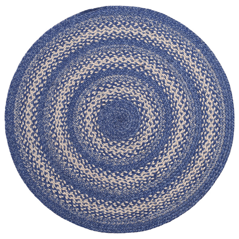 Camyla Farmhouse Braided Jute Blue Area Rug, Round 5'