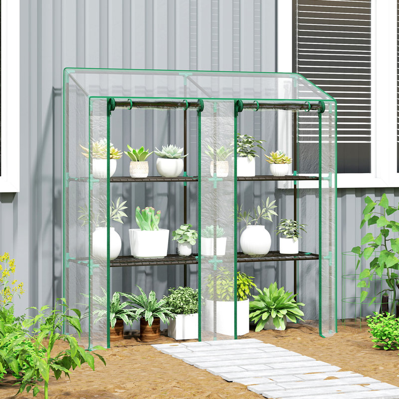 Outsunny Lean-to Greenhouse with 3 Tier Shelves, 56.3" x 18.1" x 59.4" Portable Small Greenhouse with 2 Roll-Up Zippered Doors, Transparent Plastic Cover, for Indoor Outdoor Garden Backyard, Clear