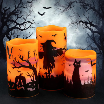 Halloween LED Candles Set of 3 - Flickering Flameless Pillar Candles with Timer - Spooky Silhouette Designs - Battery Operated - 4", 5", 6" Heights