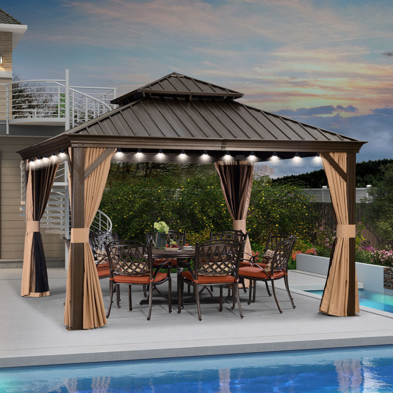 Pavillon de jardin pourpre avec toit rigide 12 pi x 12 pi avec filet et rideaux