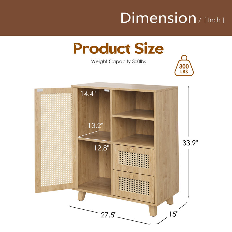 Rattan Buffet Cabinet With Adjustable Shelf, Sideboard With Drawers For Living Room, Kitchen, Entryway, Natural