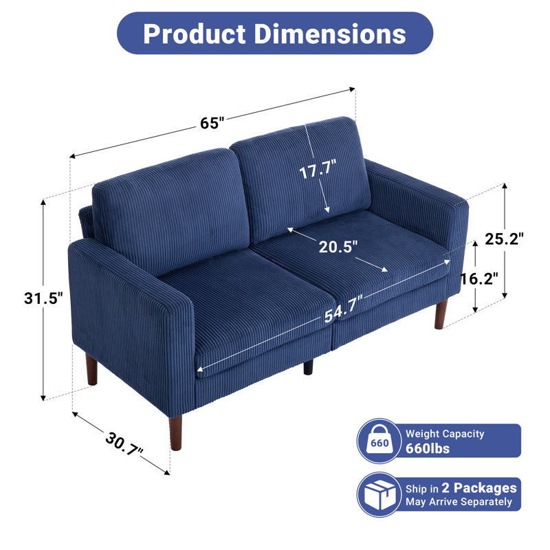  65" Classic Loveseat, Blue, Corduroy