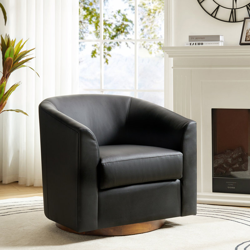 Amiir Morden Vegan Leather Swivel Barrel Chair with Solid Wood Legs (Set Of 2), Black Faux Leather