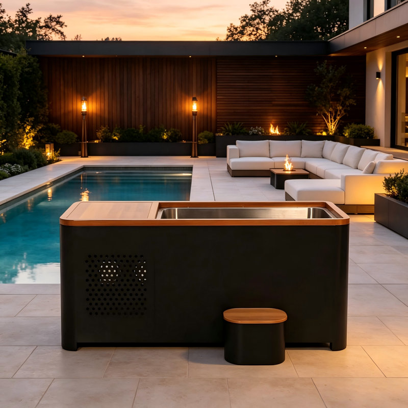 Baignoire froide extérieure pour une personne, cadre noir avec intérieur en acier inoxydable, baignoire sur pieds autoportante pour terrasse de patio