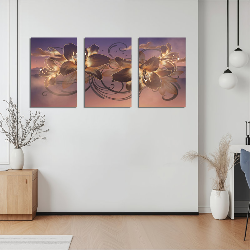 Ensemble de 3 tableaux muraux sur toile représentant des orchidées dorées, parfaits pour la décoration du salon et de la chambre.