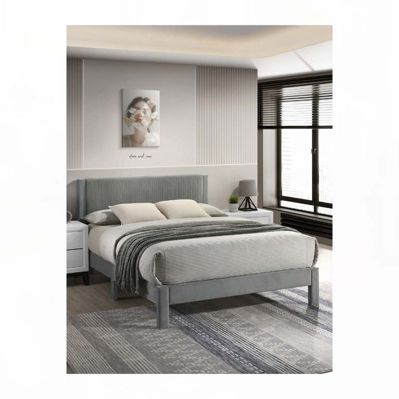 Cery Platform Bed,  Upholstery, Textured Headboard, Gray, Full