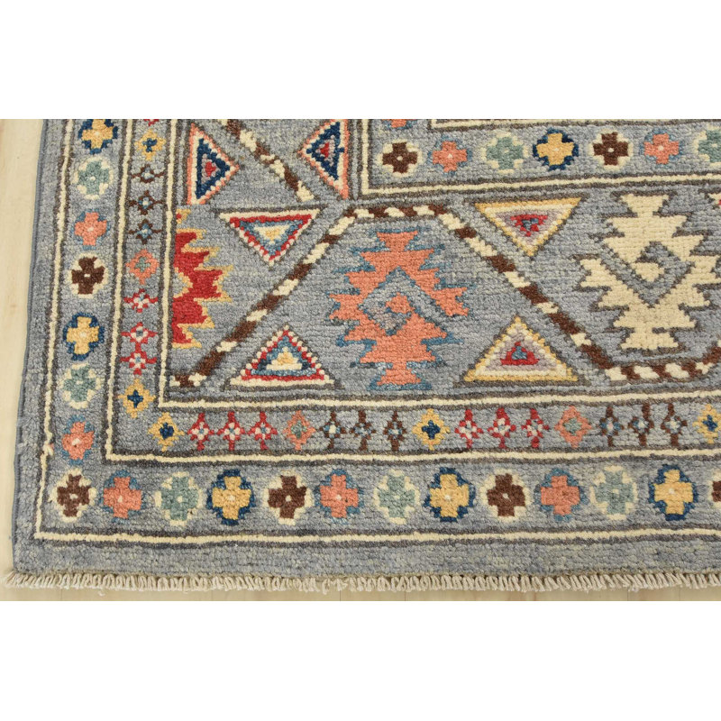 Tapis gris en laine noué à la main de conception unique 5 pi x 6 pi 8 po