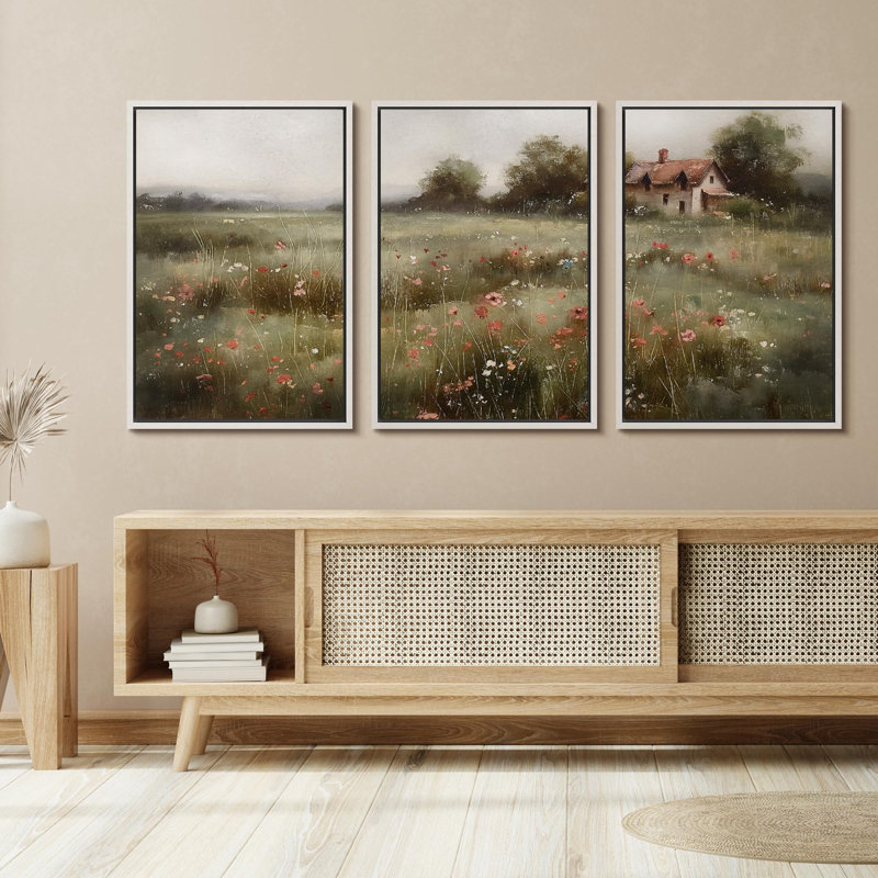 " Tranquil Meadow Cottage In Misty Fields Serene Pastoral " 3 - Pieces, Blanc, H 36 po x l 24 po x P 1,5 po