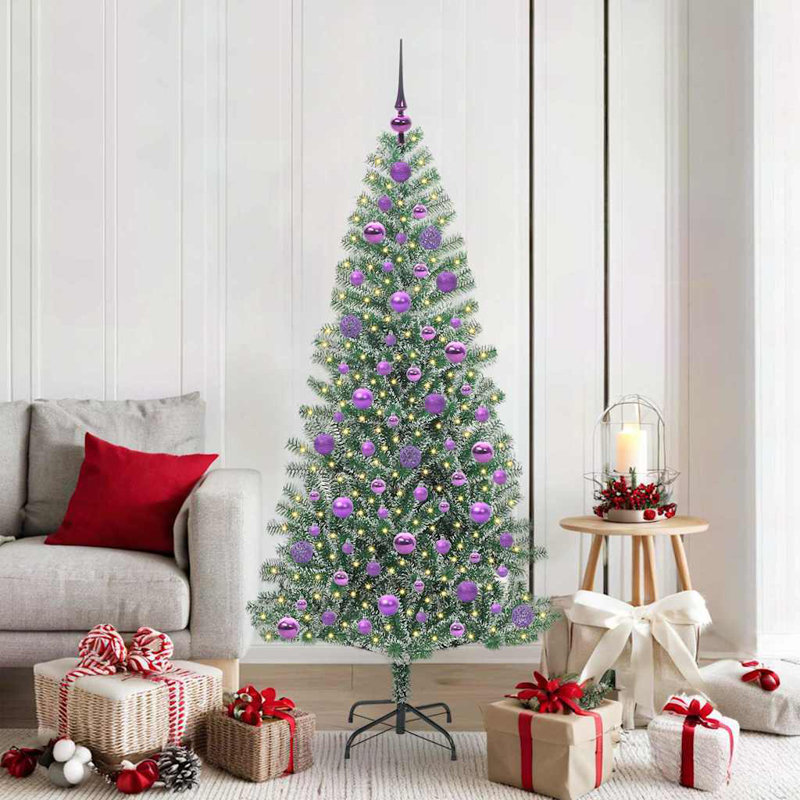 Artificial Christmas Tree Snow Flocked with LED Light, 240 cm, with Leds & Lilac Balls