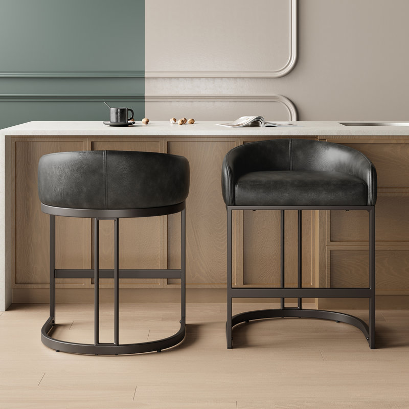 Tabouret de comptoir rembourré en cuir de polyuréthane avec structure en métal, Noir