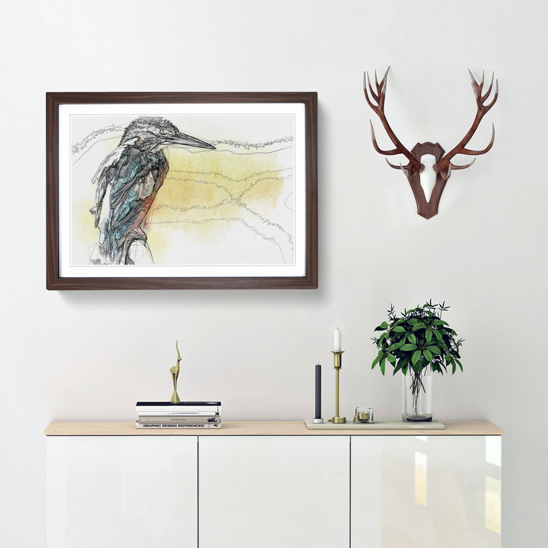 Blue Kingfisher in Abstract - Picture Frame Drawing Print, Walnut Framed, 36cm H x 48cm W x 2cm D