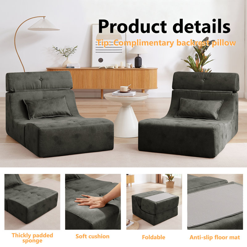 Armless Bean Bag Chair & Lounger Fireside Chair, Mid Century Foam Chair, Gray Fabric