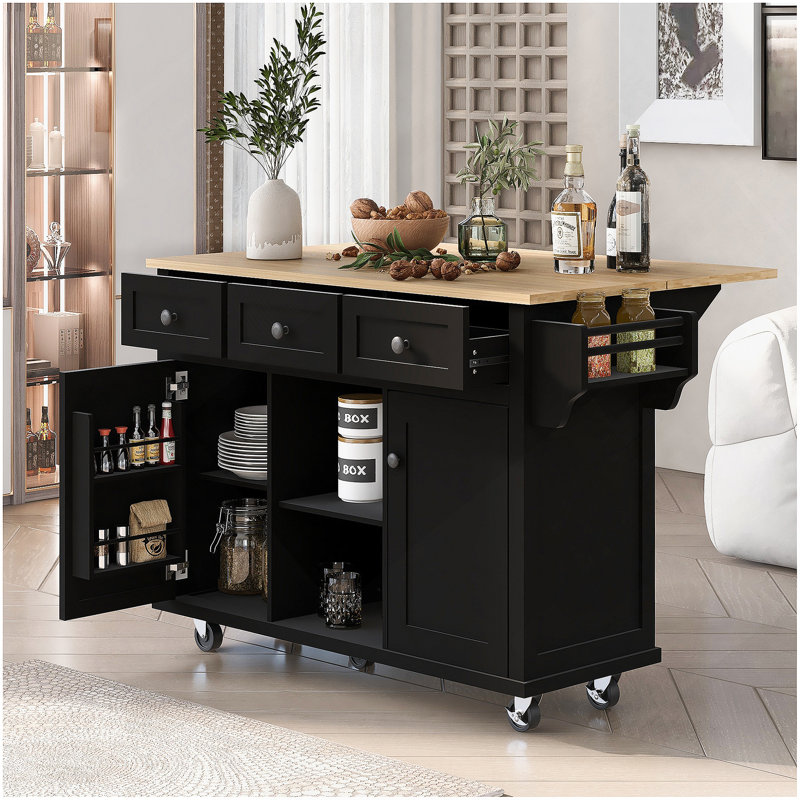 Chariot de cuisine avec comptoir à abattants en bois d'hévéa, supports de rangement internes pour porte d'armoire, Noir