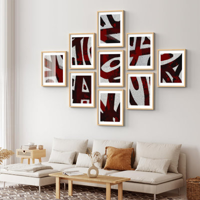 Art mural encadré, ensemble de galerie d'art, bandes torsadées noires et rouges, formes abstraites, illustrations, alternative moderne, noir et blanc pour chambre à coucher, salon, bureau - 11 po x 14 po x 9 po Naturel