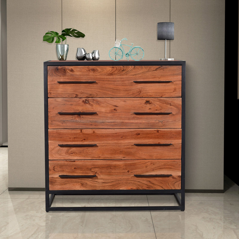 Commode Lubien faite à la main avec détails en grain et 4 tiroirs, brun et noir