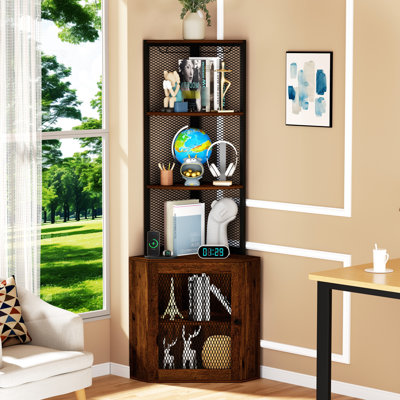 65" Corner Cabinet With Shelves & Wine Glass Rack, 6 Tier Freestanding Shelf, Rustic Charm For Balcony, Office Brown Storage Stand, Shelf Holder Functional Layout, Bedroom