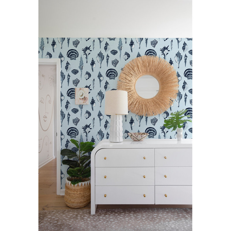 Sullivan’s Island Shells Serene Sky Wallpaper by Megan Molten, Blue, Faux Grasscloth