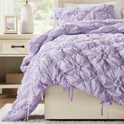 3 pièces d'édredon très grand à motif floral mauve avec franges élastiques et détails à nouer, douceur semblable au nuage, confort toutes saisons, accents lavables à la machine, broderie décontractée, confort, utilisation,