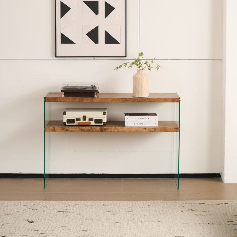 2 Tier Console Table With Mdf Top- Modern Living Room Center Table With Glass Legs, Tempered Glass & Storage Shelf (43.3x13.8x29.5)