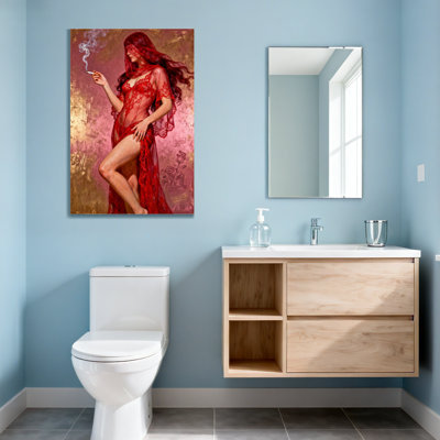 Fashion Red Lace Woman Smoking Cigarette Art