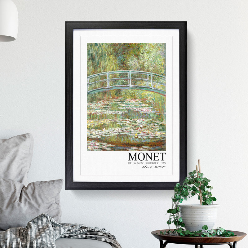 Japanese Footbridge with Border by Claude Monet - Picture Frame Painting, 65cm H x 48cm W x 2cm D, Black
