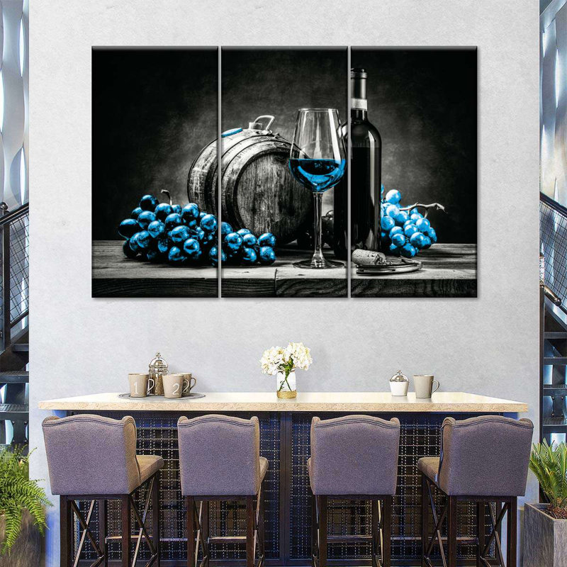 «Wine And Grapes Blue Pop», reproduction sur toile, H 24 po x l 38 po x P 1,25 po