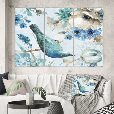 " Indigold Watercolor Lovely Bird I " 3 Piece Art Watercolor Painting