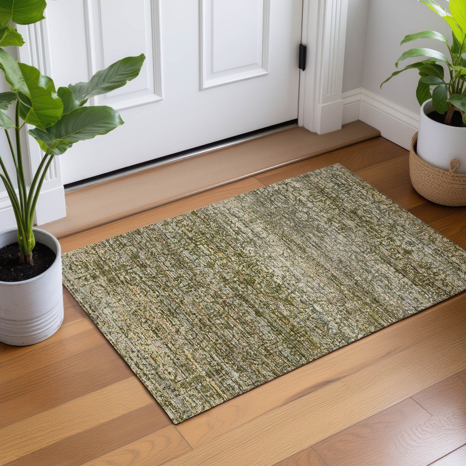Premium Machine Washable Tirico Casual Rug, Olive, 1'8" x 2'6"